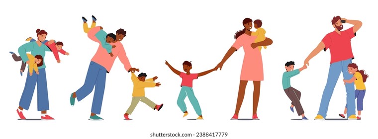 Exhausted Parents, Disheveled And Weary, Chase After Energetic Kids, Their Faces Reflecting A Mix Of Love And Fatigue, In A Heartwarming Yet Chaotic Family Scene. Cartoon People Vector Illustration