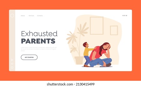 Exhausted Parents Landing Page Template. Depressed Tired Mother Sitting on Floor while Son Yell and Disturb her. Hyperactive Child at Home, Sleepy Character Anxiety. Cartoon People Vector Illustration
