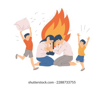 Exhausted parents sitting with ears closed flat style, vector illustration isolated on white background. Loud children, burnout, tired mother and father, decorative design element