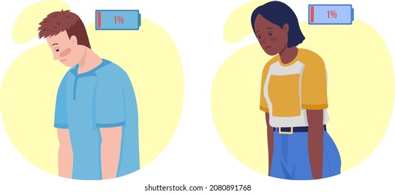 Exhausted people semi flat color vector character set. Posing figure. Full body people on white. Health isolated modern cartoon style illustration for graphic design and animation pack