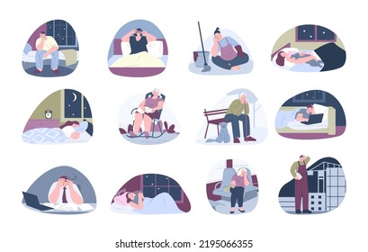Exhausted people set. Office tired worker, sleep on working, at public transport, in bed. Workload and pressure home, stress and burnout kicky vector scenes