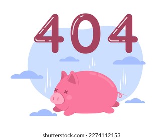 Exhausted pink piggy vector empty state illustration. Editable 404 not found page for UX, UI design. Pig flat character on cartoon background. Colorful website error flash message. Quicksand font used