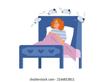 Exhausted red-haired girl can't sleep, sits in bed and counts sheep flat style, vector illustration isolated on white background. Insomnia concept, tired young woman, galloping sheep