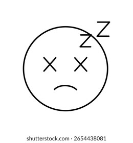 Ícone de rosto exausto e triste com símbolos Zz em um estilo gráfico mínimo simples, expressando emoção cansada e mal-estar, capturando temas de sono, estresse ou esgotamento