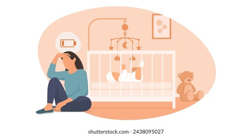 Exhausted sad mother sitting next to her baby's bed, she is suffering from postpartum depression