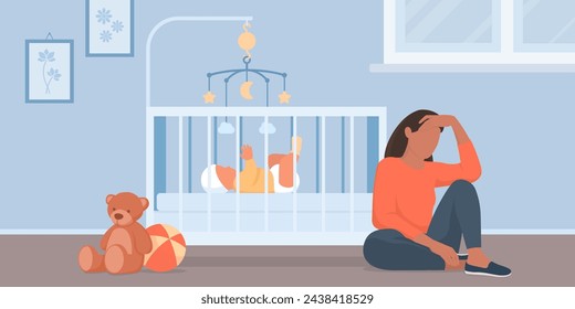 Exhausted sad mother sitting next to her baby's bed, she is suffering from postpartum depression