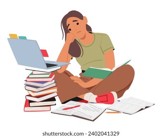 Exhausted, Sad Student Girl Slumps Over A Laptop Atop A Precarious Stack Of Books, Showcasing The Demanding Nature Of Academic Pursuits And Late-night Study Sessions. Cartoon Vector Illustration