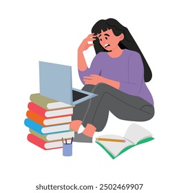 Exhausted, Sad Student Girl Slumps Over A Laptop Atop A Precarious Stack Of Books, Showcasing The Demanding Nature Of Academic Pursuits And Late-night Study Sessions. Cartoon Vector Illustration