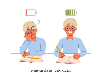 Exhausted schoolboy doing homework, showing comparison before and after healthy sleep or rest. Exhausted boy makes notes in notebook doing extracurricular work as assigned by teacher.