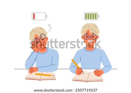 Exhausted schoolboy doing homework, showing comparison before and after healthy sleep or rest. Exhausted boy makes notes in notebook doing extracurricular work as assigned by teacher.