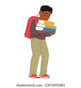 Exhausted Schoolchild Character, Laden With Towering Books, Slumps Wearily, Eyelids Drooping. A Mountain Of Textbooks Looms, A Visual Testament To The Burdens Of Academia. Cartoon Vector Illustration