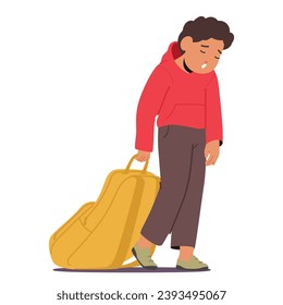 Exhausted Schoolchild Drags A Burdensome Backpack, Drooping Eyelids Conveying Weariness, Symbolizing The Weight Of Academic Stress On A Young Student Shoulders. Cartoon People Vector Illustration