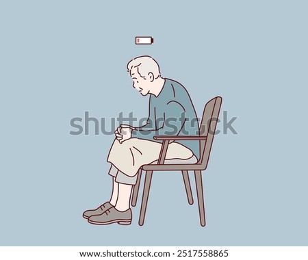 Exhausted senior man having no more energy. low battery. Hand drawn style vector design illustrations.
