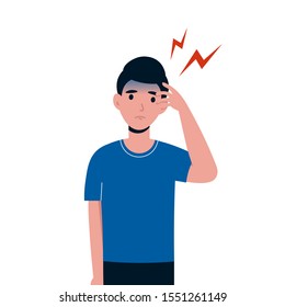 Exhausted, sick man character with a headache. Flat vector isolated illustration.