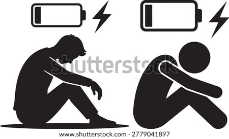 Exhausted silhouettes, low battery symbols, feeling drained, stress concept.
