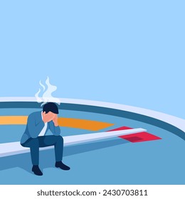 Exhausted sitting man holding his face with smoking head over fatigue meter, illustration for fatigue.