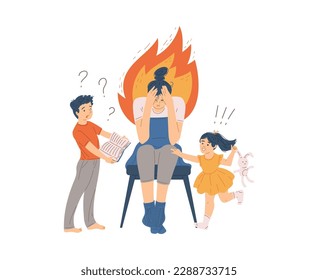 Exhausted sitting woman having burnout flat style, vector illustration isolated on white background. Fire, children want play and need help, parenthood, tired mom