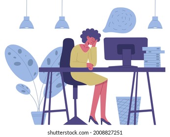 Exhausted sleepy character. Tired freelance worker burnout, female character mental health problems vector illustration. Sleepy tired office worker having dream in front of computer