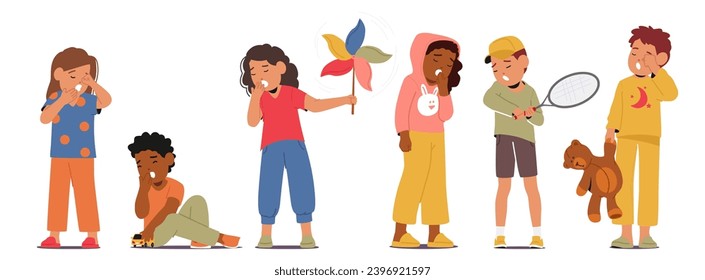 Exhausted Sleepy Children Characters with Drooping Eyelids, Yawn In Unison, Their Energy Spent. Slumber Beckons, Turning Playfulness Into Peaceful Dreams, And Rest. Cartoon People Vector Illustration