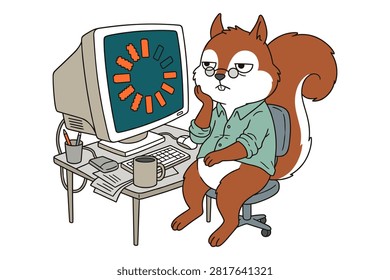Exhausted squirrel staring at a sluggish loading screen on a vintage computer, illustrating digital frustration and wait times.