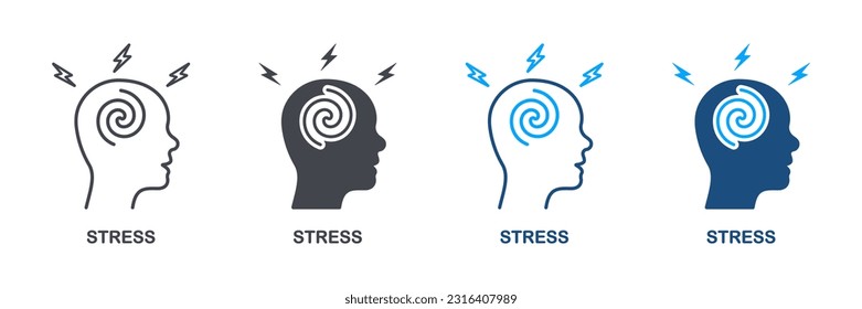 Exhausted Stressed Brain and Human Head Silhouette and Line Icon Set. Stress, Migraine, Dizzy, Anxiety, Depression Pictogram. Headache, Tension Symbol Collection. Isolated Vector Illustration.