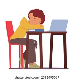 Exhausted Student Boy Slumbers On Desk with Book and Laptop, With Heavy Eyelids And Disheveled Appearance, Weariness Of Academic Challenges And Late-night Studies Concept. Cartoon Vector Illustration