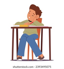 Exhausted Student Boy Slumbers On The Desk with Open Textbooks, A Pencil Clutched In Hand. Fatigue Pupil in Classroom, A Testament To The Weight Of Academic Endeavors. Cartoon Vector Illustration