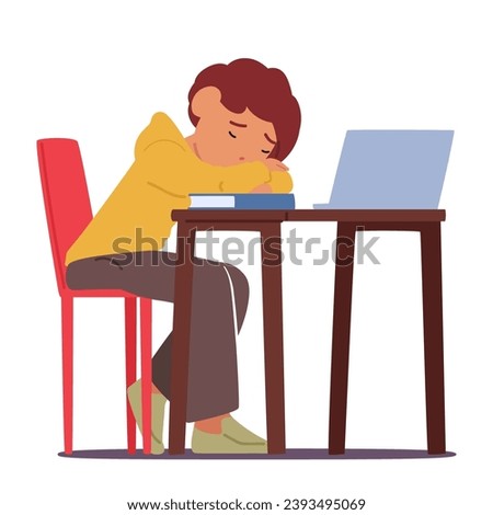 Exhausted Student Boy Slumbers On Desk with Book and Laptop, With Heavy Eyelids And Disheveled Appearance, Weariness Of Academic Challenges And Late-night Studies Concept. Cartoon Vector Illustration