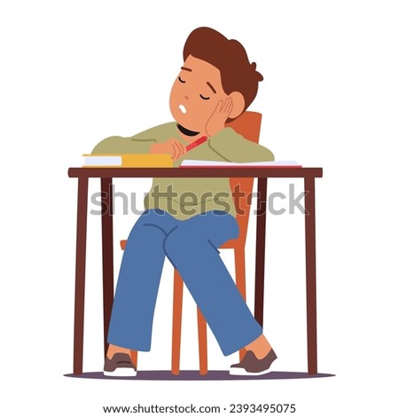 Exhausted Student Boy Slumbers On The Desk with Open Textbooks, A Pencil Clutched In Hand. Fatigue Pupil in Classroom, A Testament To The Weight Of Academic Endeavors. Cartoon Vector Illustration