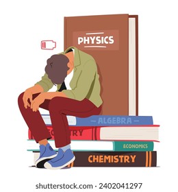 Exhausted Student Character, Head Bowed In Weariness, Encircled By A Fortress Of Books, A Visual Testament To Academic Struggles And Relentless Pursuit Of Knowledge. Cartoon People Vector Illustration