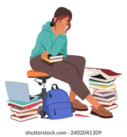 Exhausted Student Girl Character Engulfed By Towering Stacks Of Books, Eyes Drooping With Weariness, As The Weight Of Academic Demands Takes Its Toll In Study Session. Cartoon Vector Illustration