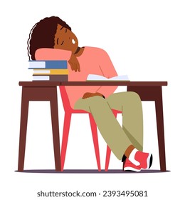 Exhausted Student Girl Character Slumbers On The Desk, Fatigue Etched On The Face, A Silent Portrait Of Academic Weariness In The Dim Classroom Quiet Embrace. Cartoon People Vector Illustration