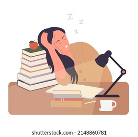 Exhausted student girl sleeping. Bored and tired pupil fall asleep studying isolated illustration