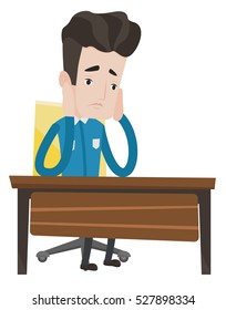 Exhausted student sitting at the table. Tired caucasian student sitting with his head propped on hand. Student having trouble with studying. Vector flat design illustration isolated on background.
