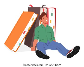 Exhausted Student Slumps Amidst Towering Books, Weariness Etched On Face. Overwhelmed By Study, The Weight Of Knowledge Seems Heavier Than The Volumes That Surround Them. Cartoon Vector Illustration
