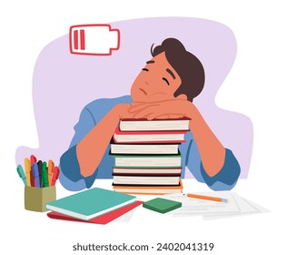 Exhausted Student Sprawls Over A Heap Of Books, Embracing Sleep Amidst The Knowledge. Fatigue Etched On Face, Textbooks Forming A Makeshift Pillow In The Quest For Rest. Cartoon Vector Illustration