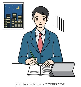 Exhausted student studying with tablet late at night