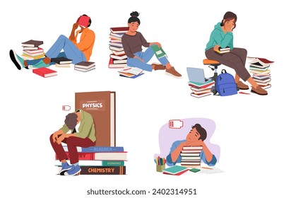 Exhausted Students Huddle Over Books, Their Weary Expressions Mirroring The Weight Of Academic Pressure, Reveals The Struggle And Fatigue In Their Diligent Pursuit Of Knowledge. Cartoon Vector Set