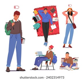 Exhausted Students Huddle Over Textbooks, Weary Eyes Reflecting Stress. Piles Of Notes Surround Them As They Struggle Through Late-night Study Sessions, Seeking Knowledge In Sea Of Fatigue. Vector Set