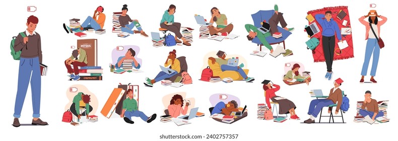 Exhausted Students Huddle Over Textbooks, Their Faces Reflecting Weariness And Sadness. Piles Of Books Surround Them, Portraying The Weight Of Academic Pressure And Struggle To Persevere. Vector Set