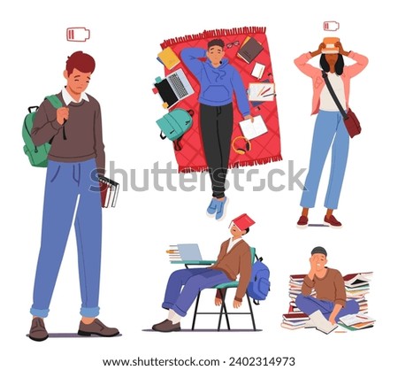 Exhausted Students Huddle Over Textbooks, Weary Eyes Reflecting Stress. Piles Of Notes Surround Them As They Struggle Through Late-night Study Sessions, Seeking Knowledge In Sea Of Fatigue. Vector Set