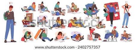 Exhausted Students Huddle Over Textbooks, Their Faces Reflecting Weariness And Sadness. Piles Of Books Surround Them, Portraying The Weight Of Academic Pressure And Struggle To Persevere. Vector Set