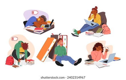 Exhausted Students Hunched Over Textbooks, Wearied Expressions Reflecting The Weight Of Knowledge. Heavy Eyelids Convey The Struggle Of Late-night Study Sessions In The Pursuit Of Education Vector set