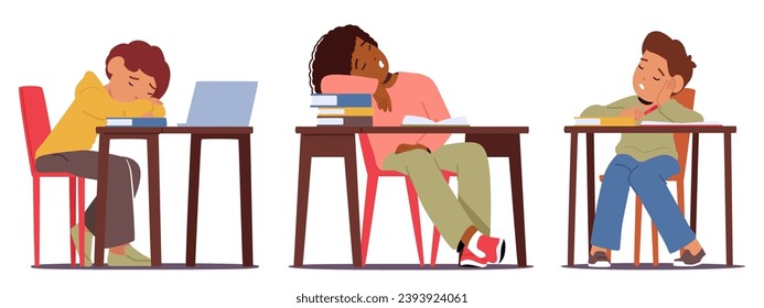 Exhausted Students Sprawl Across Desks, Their Weary Faces Pressed Into Open Textbooks. Pencils And Notebooks Surround Them In Silent Classroom, Strains Of Academic Fatigue. Cartoon Vector Illustration