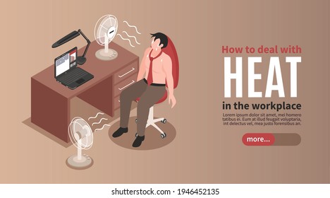 Exhausted sweating man trying to deal with heat in office using two fans isometric horizontal banner vector illustration