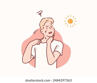 exhausted and sweaty young woman in sportswear is fighting the heat wave. Hand drawn style vector design illustrations.