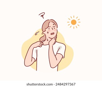 exhausted and sweaty young woman in sportswear is fighting the heat wave. Hand drawn style vector design illustrations.