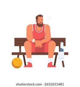 Exhausted tired basketball player with sad expression resting sitting on bench with ball and water bottle isolated on transparent background