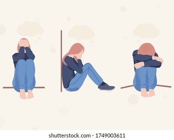 Exhausted tired depressed sad unhappy young woman sitting on the floor, dark cloud above her head. Professional burnout, stress, depression, psychology, bad mood concept.  Flat vector illustration