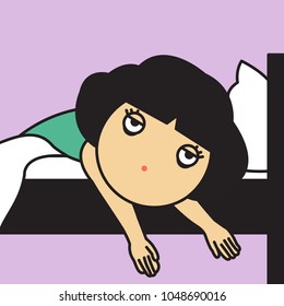 Exhausted and Tired Girl On The Bed Concept Card Character illustration